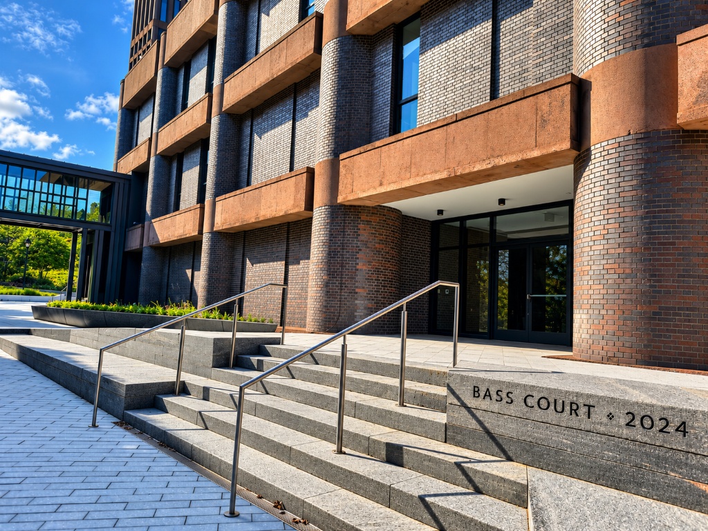 Masonry brick and stone facade of a modern building entrance with granite steps